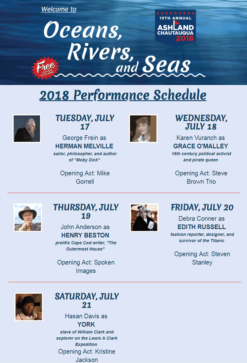 Chautauqua 2018 graphic with the theme Oceans Rivers and Seas